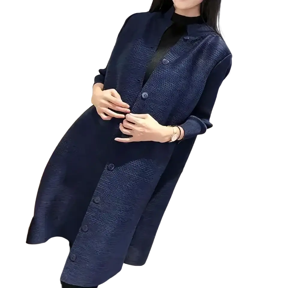 Navy blue knit trench coat for women with textured fabric long sleeves and button-up front cardigan style