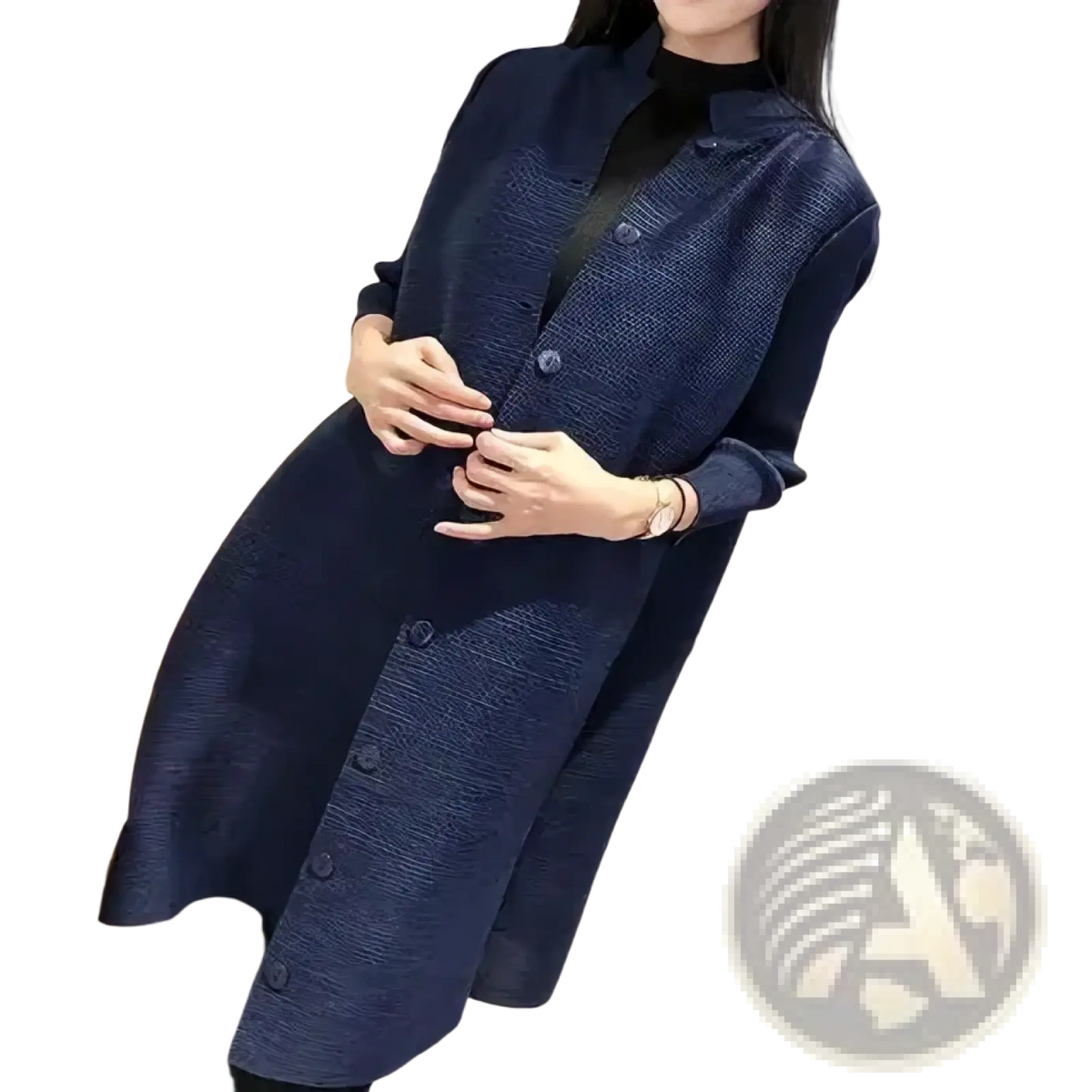 Navy blue knit trench coat for women with textured fabric long sleeves and button-up front cardigan style