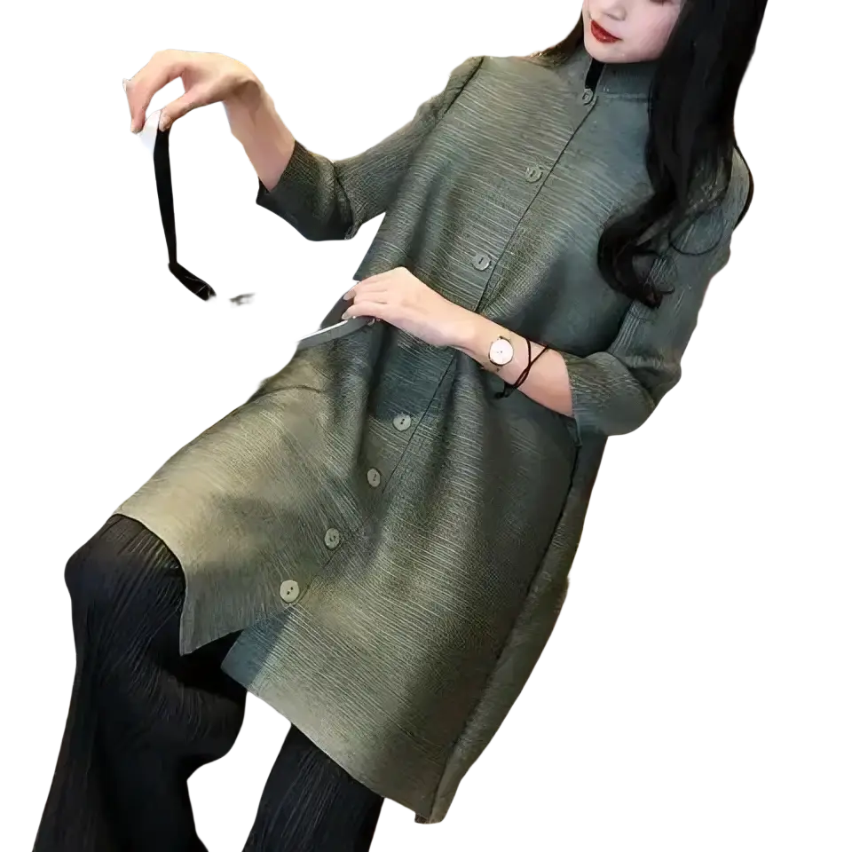 Olive green textured button-up tunic dress paired with a blue knit trench coat women long button cardigan