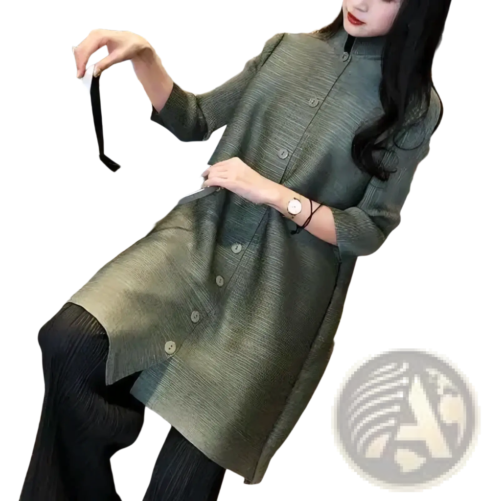 Olive green textured button-up tunic dress paired with blue knit trench coat women long button cardigan product image