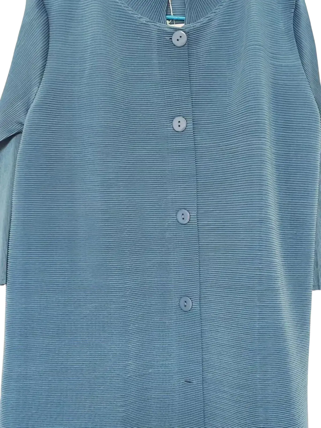 Blue knit trench coat for women in teal ribbed knit with round neckline and matching front buttons