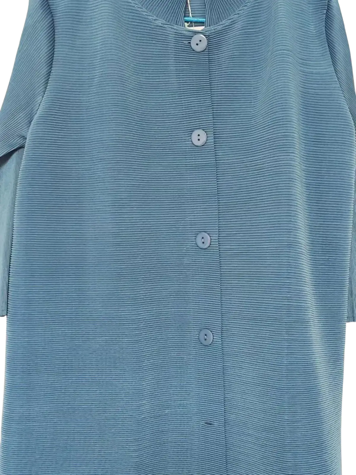 Blue knit trench coat for women in teal ribbed knit with round neckline and matching front buttons