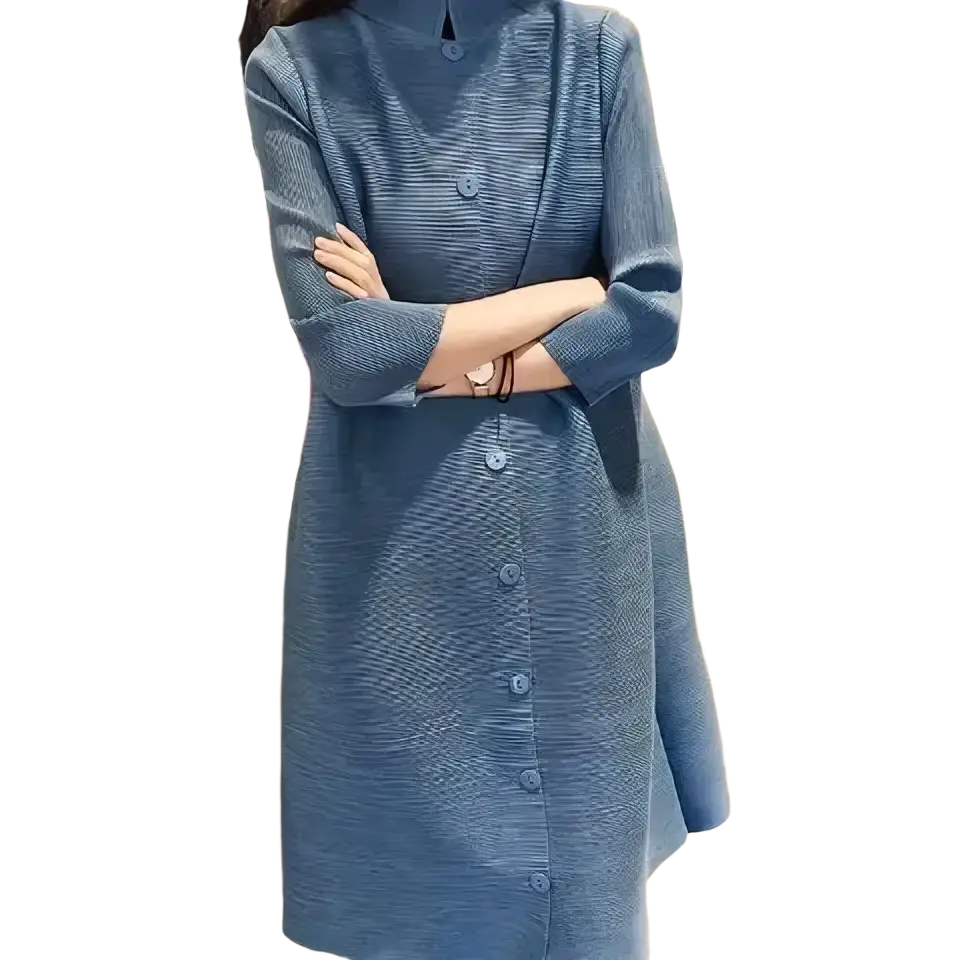 A blue textured knit trench coat with a high collar and button-down front for women