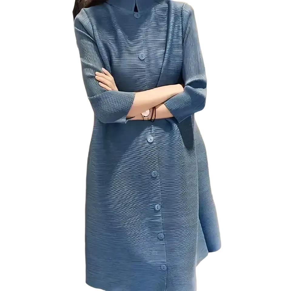 Blue knit trench coat women long button cardigan featuring a high collar and textured knit design