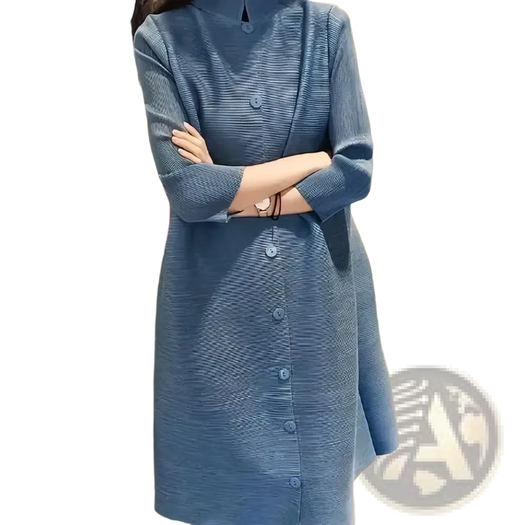 A blue textured knit trench coat with a high collar and button-down front for women