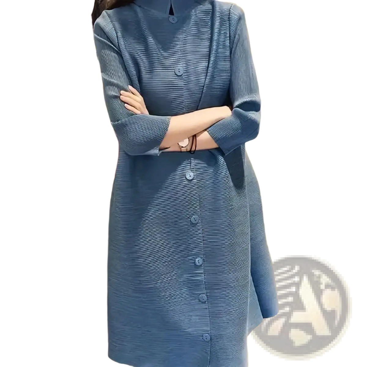 A blue textured knit trench coat with a high collar and button-down front for women
