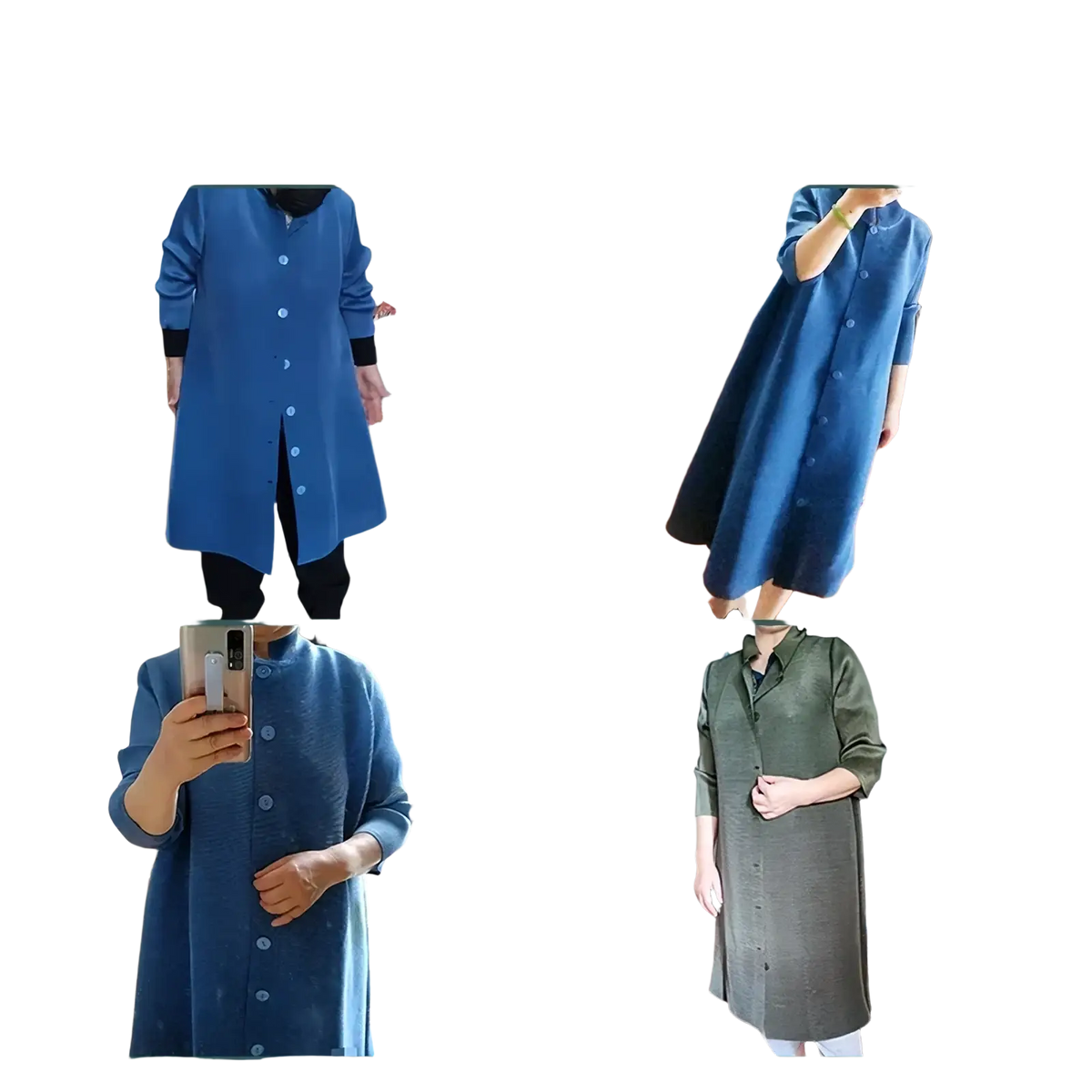 Blue knit trench coat women long button cardigan featuring a high collar and black cuffs in a button-up design
