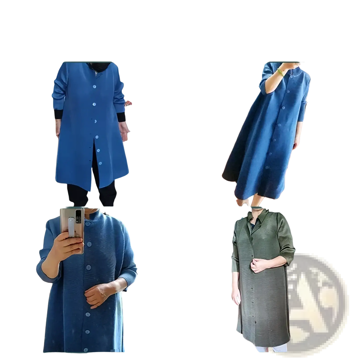 Blue knit trench coat women long button cardigan featuring a high collar and black cuffs in a button-up design