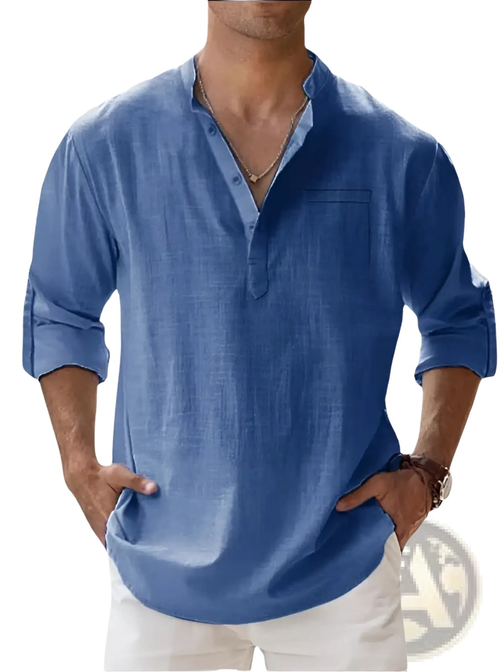 Blue linen long sleeve shirt for men with button-down front chest pocket and rolled sleeves