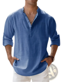 Blue linen long sleeve shirt for men with button-down front chest pocket and rolled sleeves
