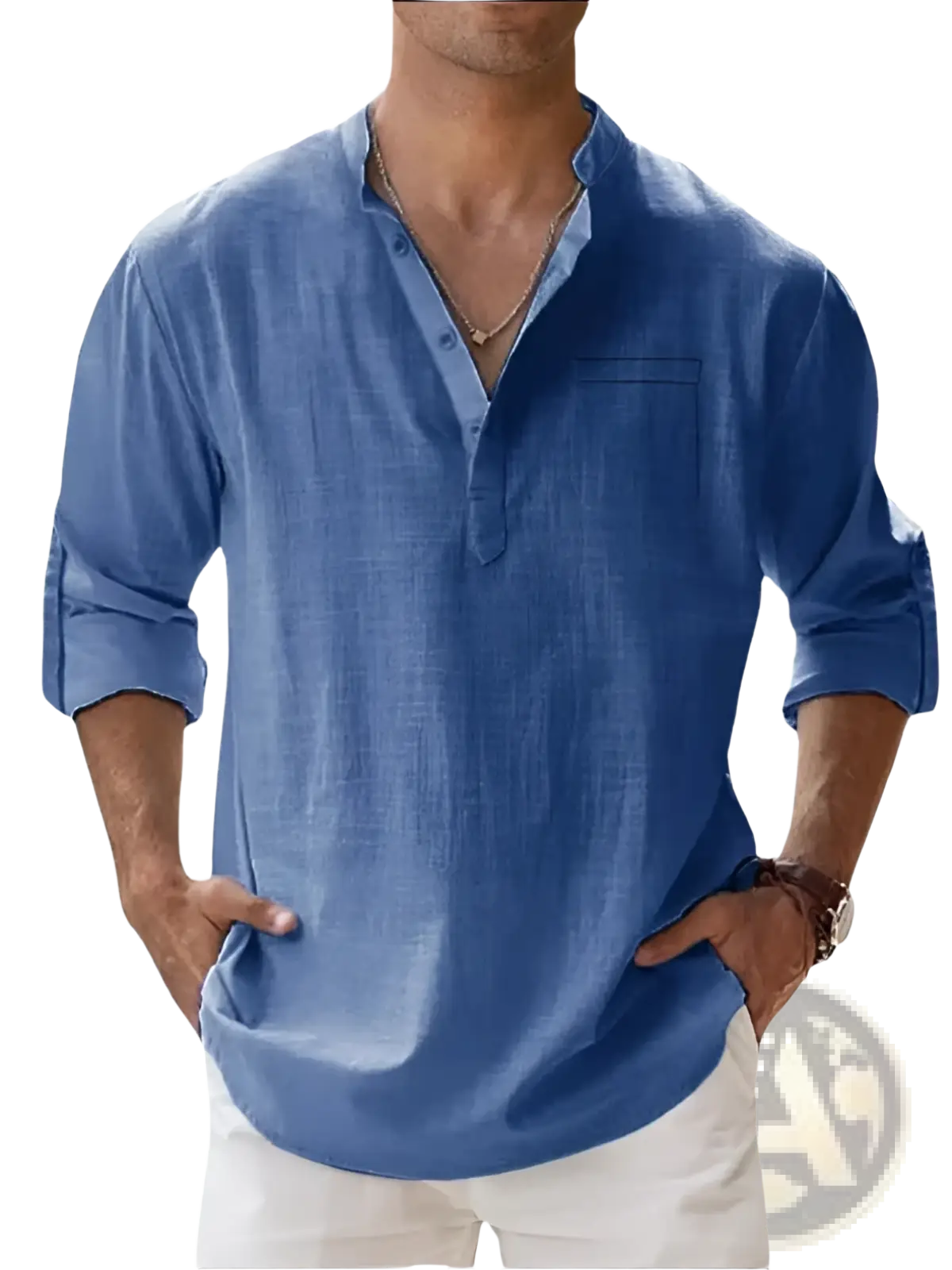 Blue linen long sleeve shirt for men with button-down front chest pocket and rolled sleeves