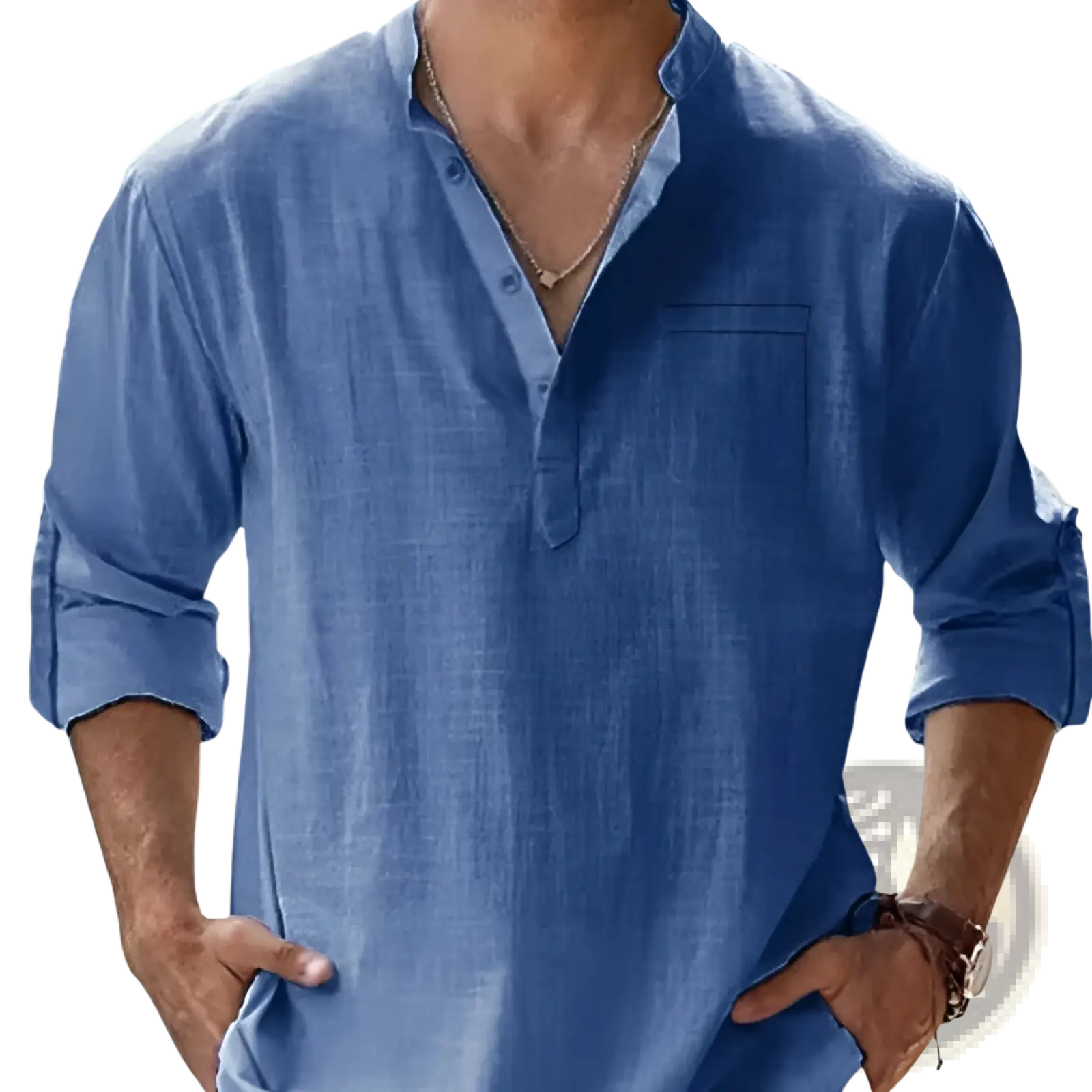 Blue linen long sleeve shirt for men with button-down front chest pocket and rolled-up sleeves