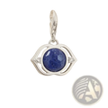Blue lotus sterling silver charm pendant with silver eye shape and deep blue faceted gemstone accented by clear crystals