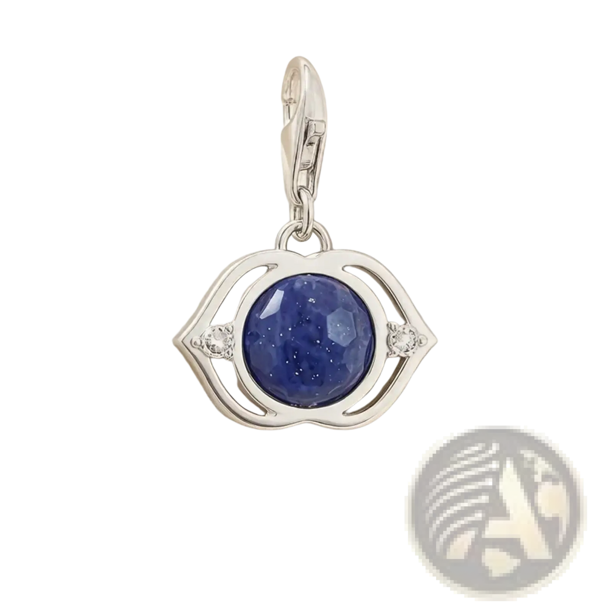 Blue lotus sterling silver charm pendant with silver eye shape and deep blue faceted gemstone accented by clear crystals