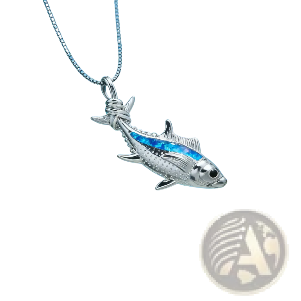 Silver fish pendant necklace with blue opal inlaid stripe and detailed scales hanging from a silver box chain