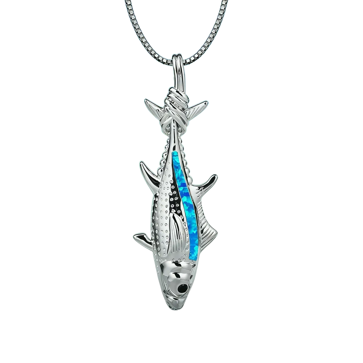 Silver fish pendant necklace featuring vibrant blue opal inlay and textured scales on a matching silver chain