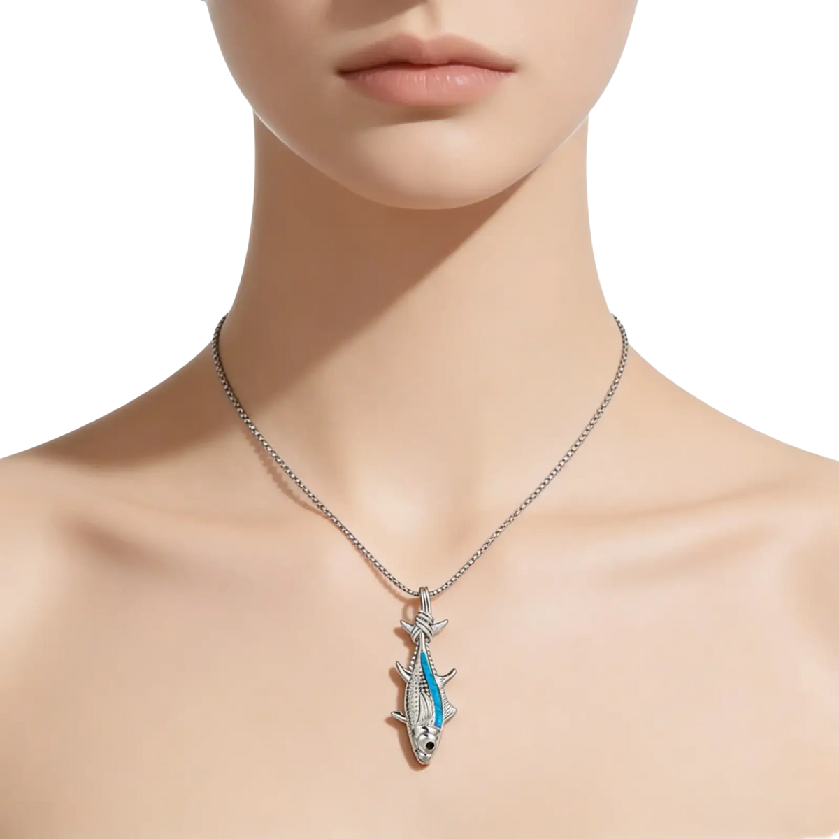 Silver fish-shaped pendant necklace with vibrant blue enamel stripe and sparkling gemstone accents from Blue Opal Ocean Jewelry