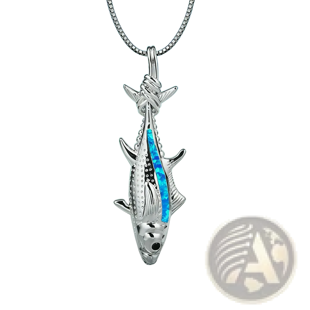Silver fish pendant necklace featuring vibrant blue opal inlay and textured scales on a matching silver chain