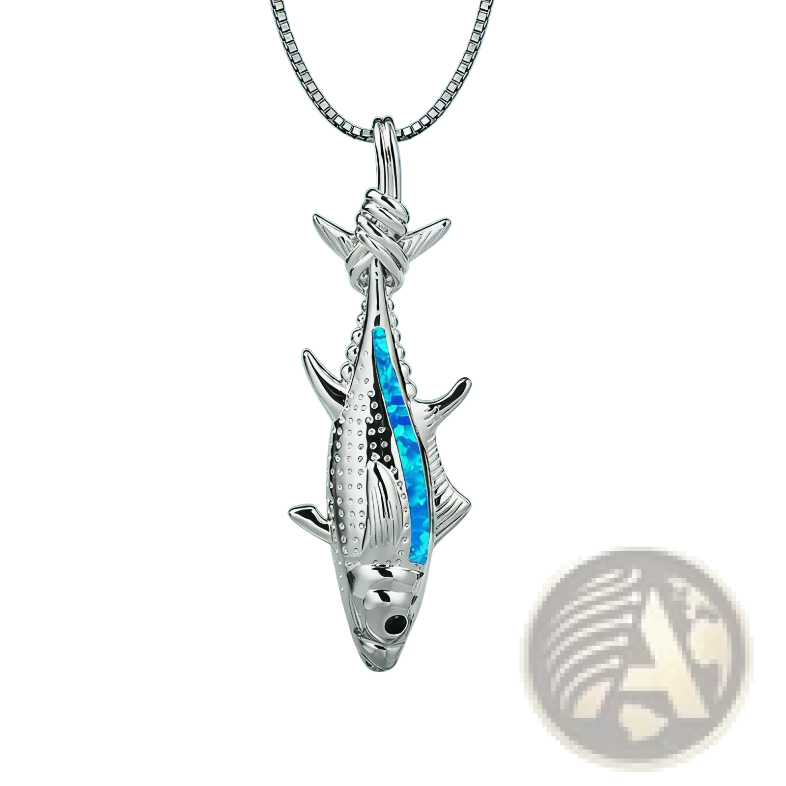 Silver fish pendant necklace featuring vibrant blue opal inlay and textured scales on a matching silver chain