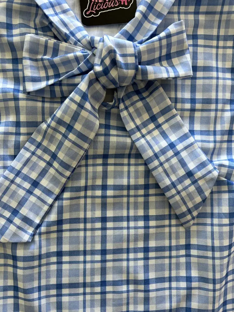 Vintage blue plaid cotton bow blouse featuring a soft cotton fabric bow tie with neat knot design