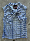 Vintage blue plaid cotton sleeveless blouse with a prominent bow at the neckline for elegant casual wear