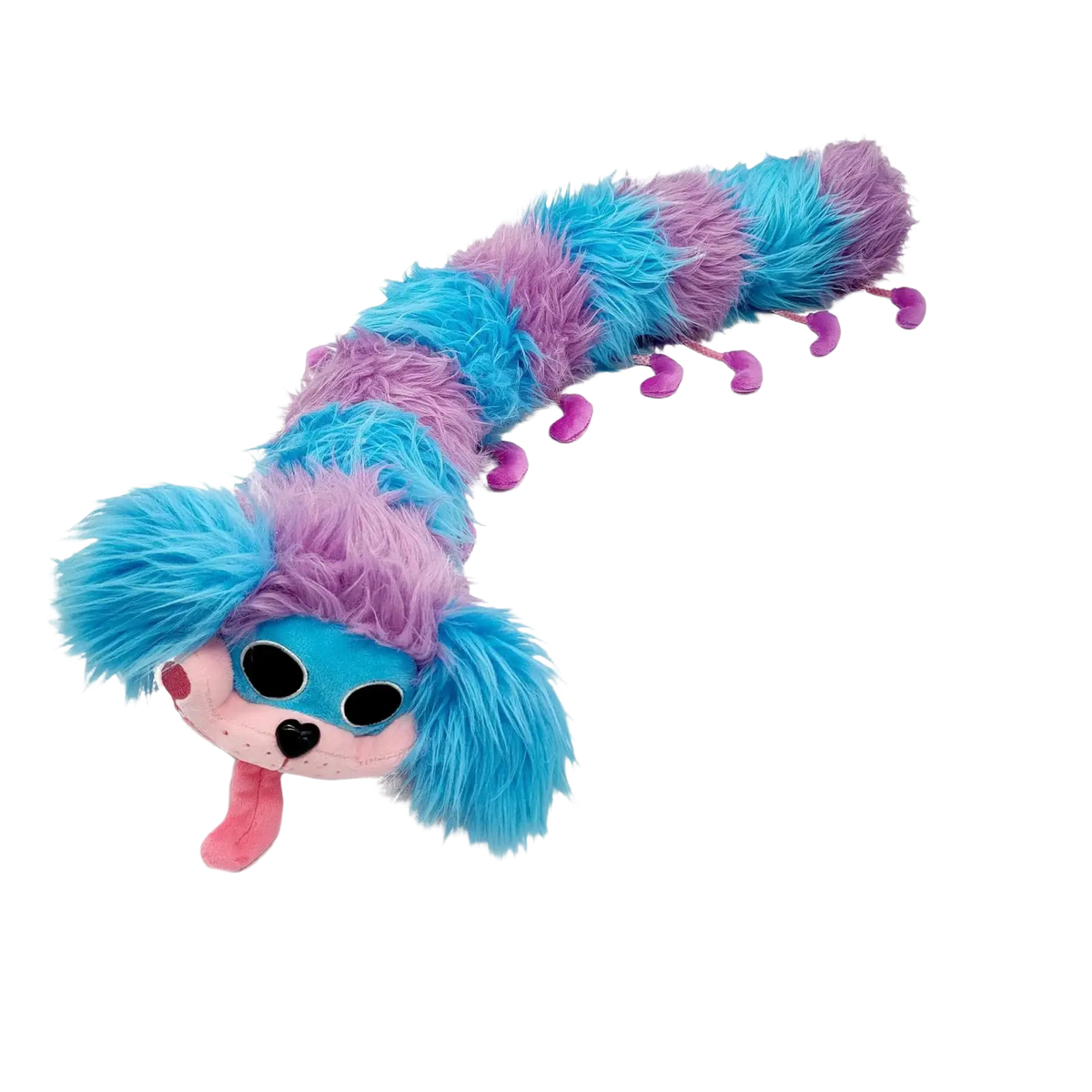 A 60cm long blue and purple fuzzy striped caterpillar plush toy with pink feet black eyes and a small tongue