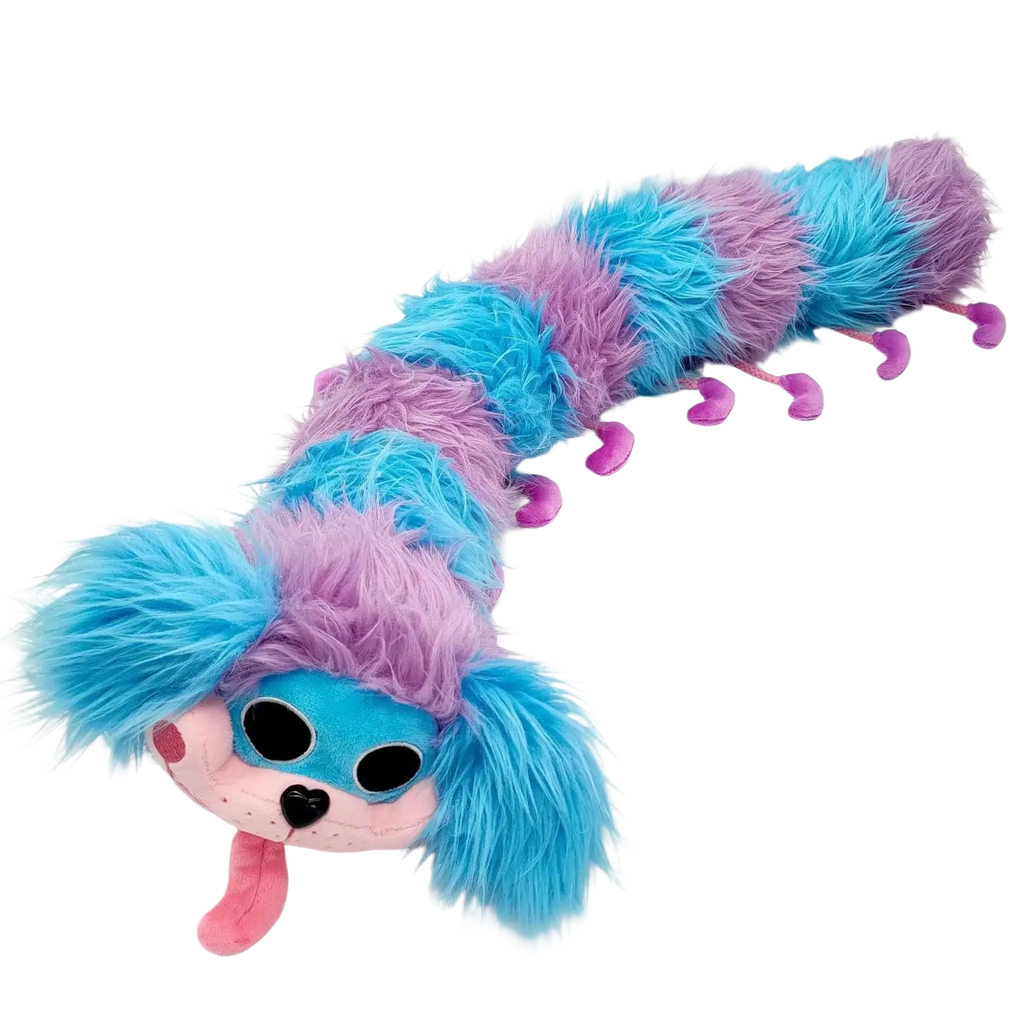 Blue and purple caterpillar plush toy with long fuzzy body, alternating blue and purple segments, and pink heart-shaped feet