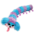Blue and purple caterpillar plush toy with long fuzzy body, alternating blue and purple segments, and pink heart-shaped feet