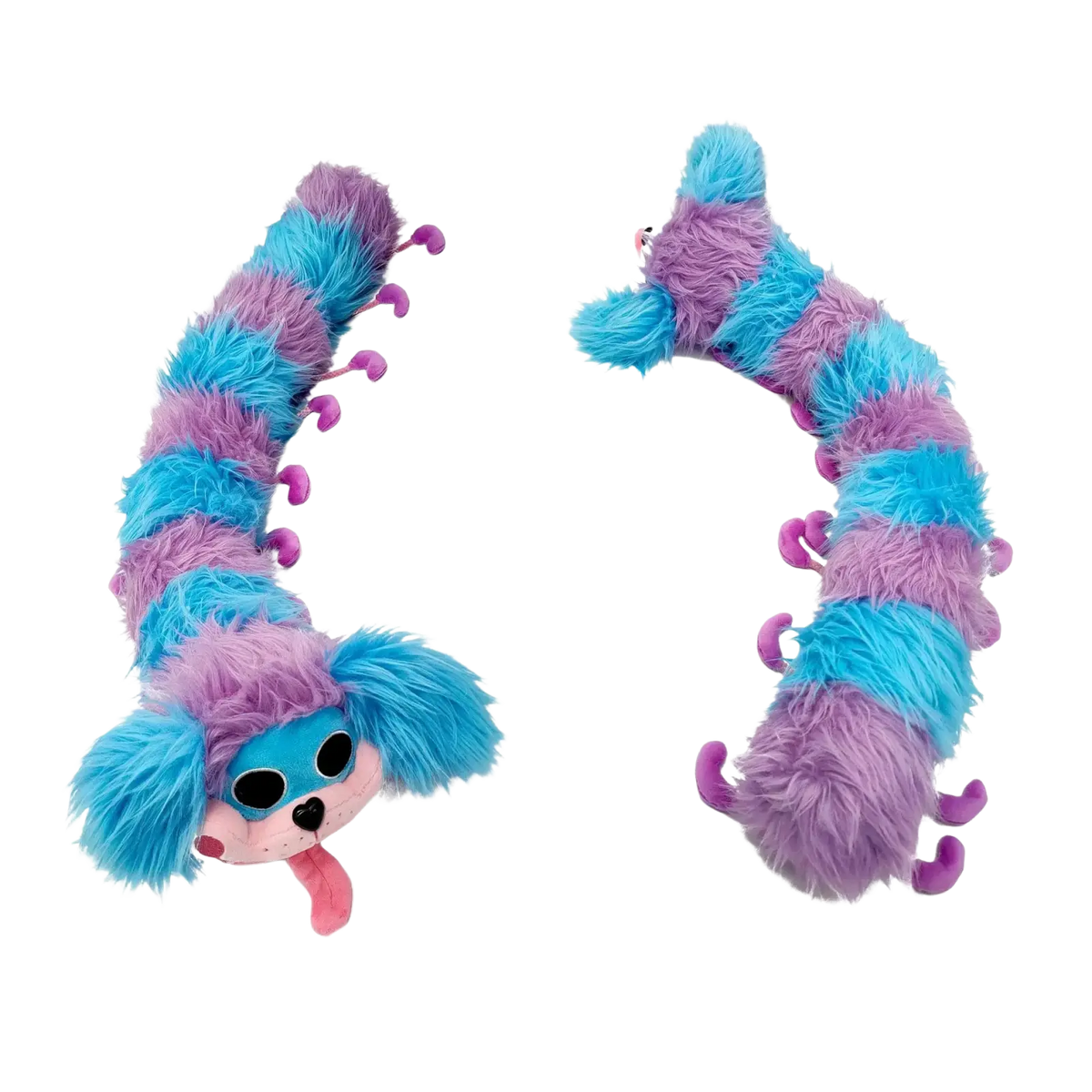 Blue and purple caterpillar plush toy with turquoise and purple fuzzy segments and a dog-like face at one end
