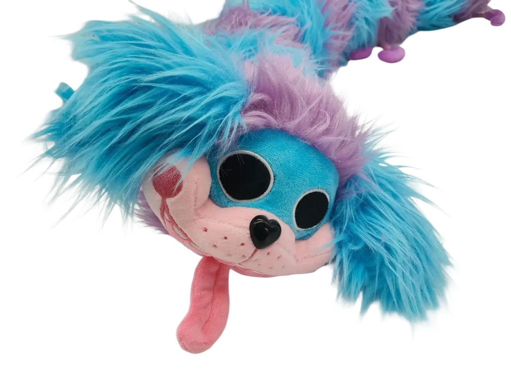 Blue and purple caterpillar plush toy with vibrant fur, pink cheeks and nose, black heart-shaped eyes, and playful expression