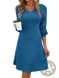 A blue ribbed knit midi dress with long sleeves and a v-neckline for elegant casual wear