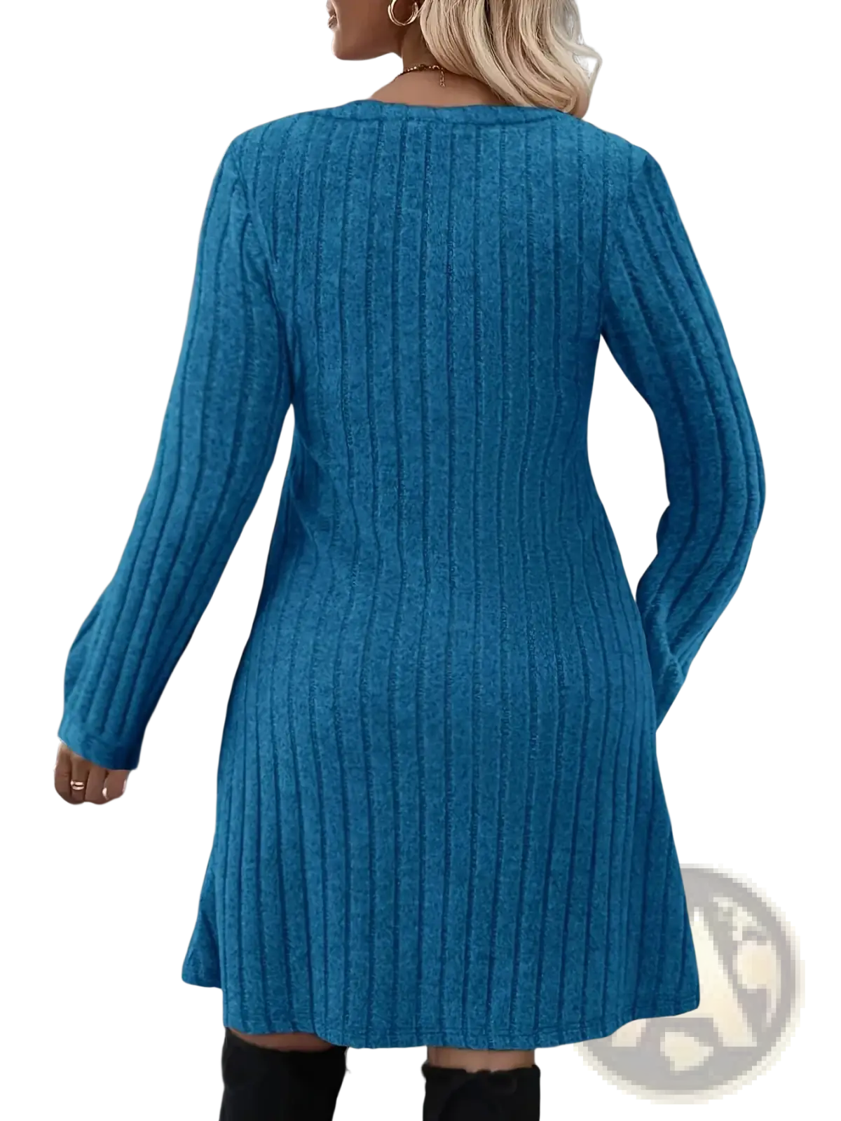 A vibrant blue ribbed knit long sleeve dress with a round neckline perfect for stylish casual wear
