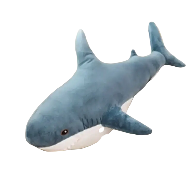 Blue shark stuffed animal plush pillow featuring a plush blue fabric, white underbelly, and embroidered black eye for comfort