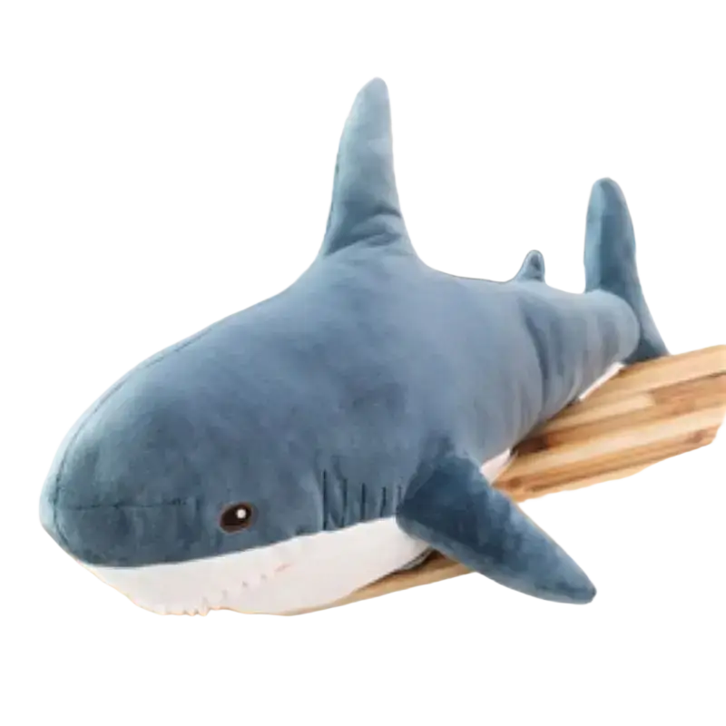 Blue shark stuffed animal plush pillow with white underbelly and stitched details made of soft fabric material