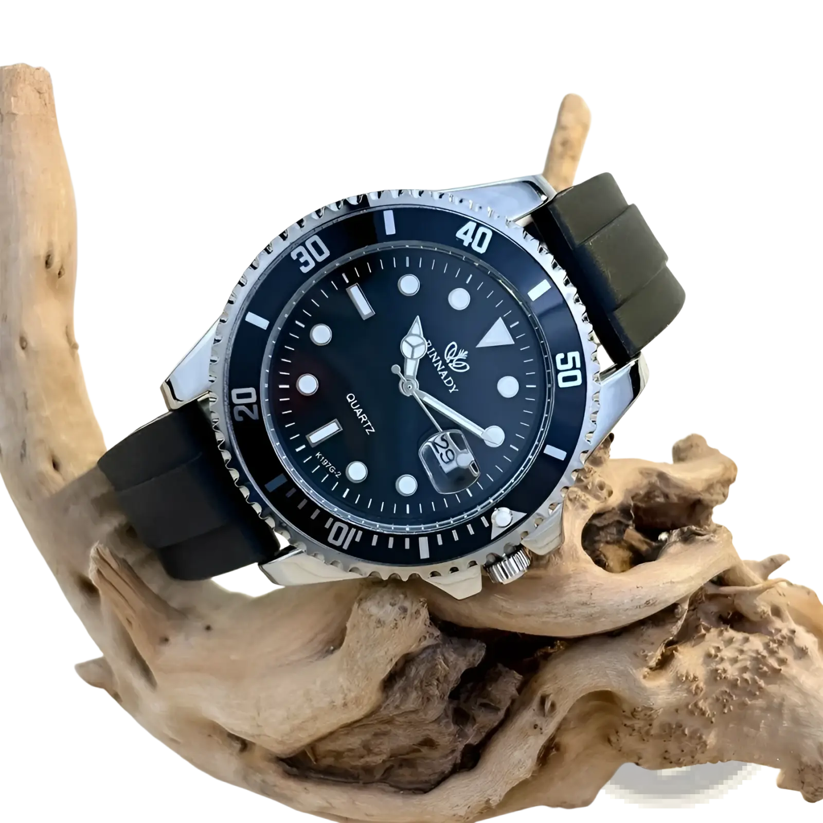 Blue sport quartz watch for men with black dial silver-toned bezel and case paired with black rubber strap