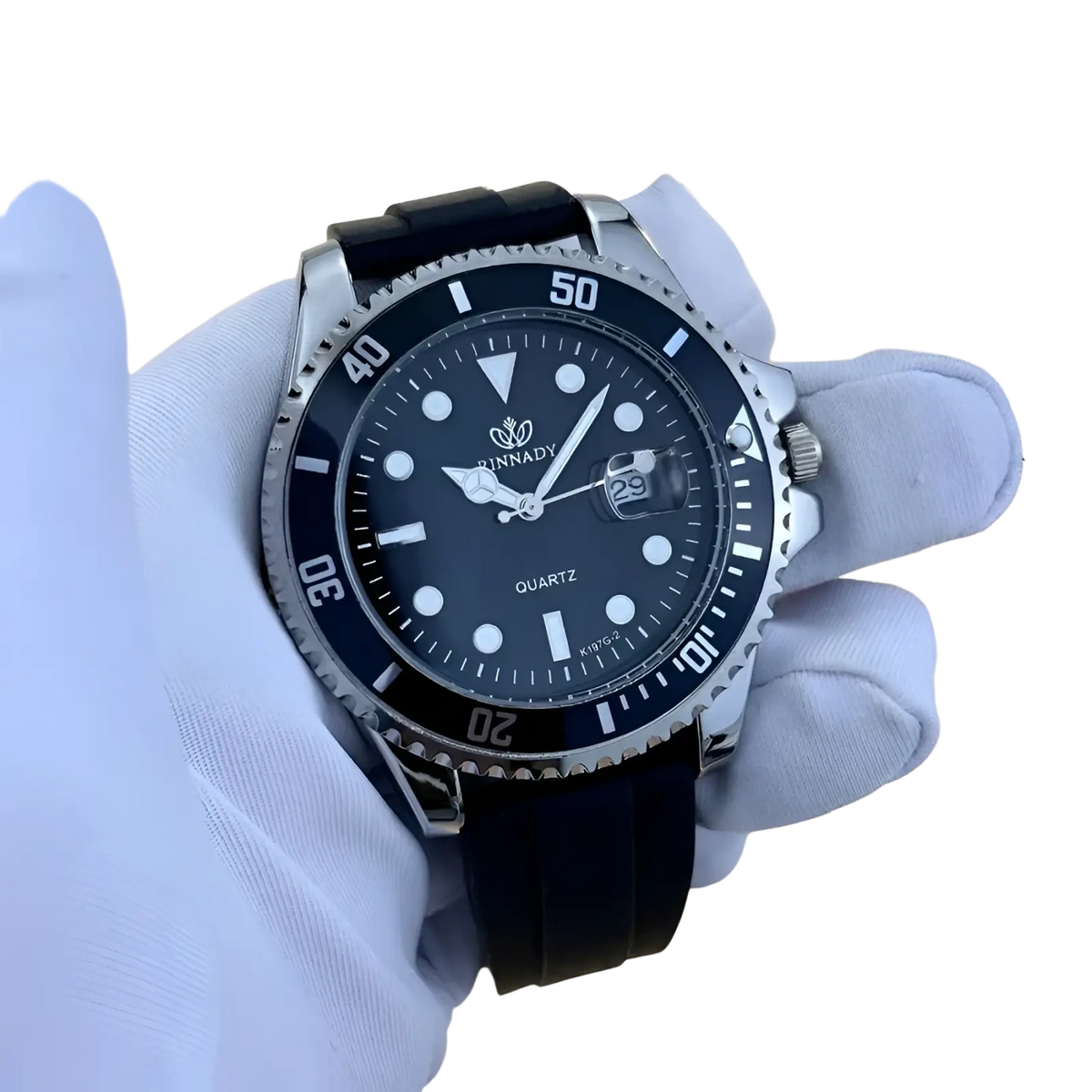Blue sport quartz watch for men with black dial white markings black rubber strap and silver-toned unidirectional bezel