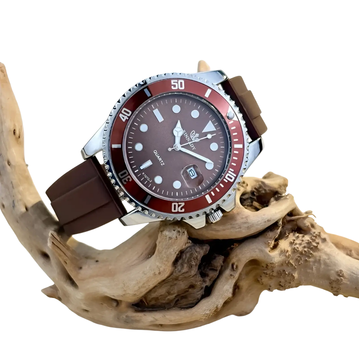 Blue sport quartz watch for men with brown rubber strap silver case red bezel and dark gray dial with white markers