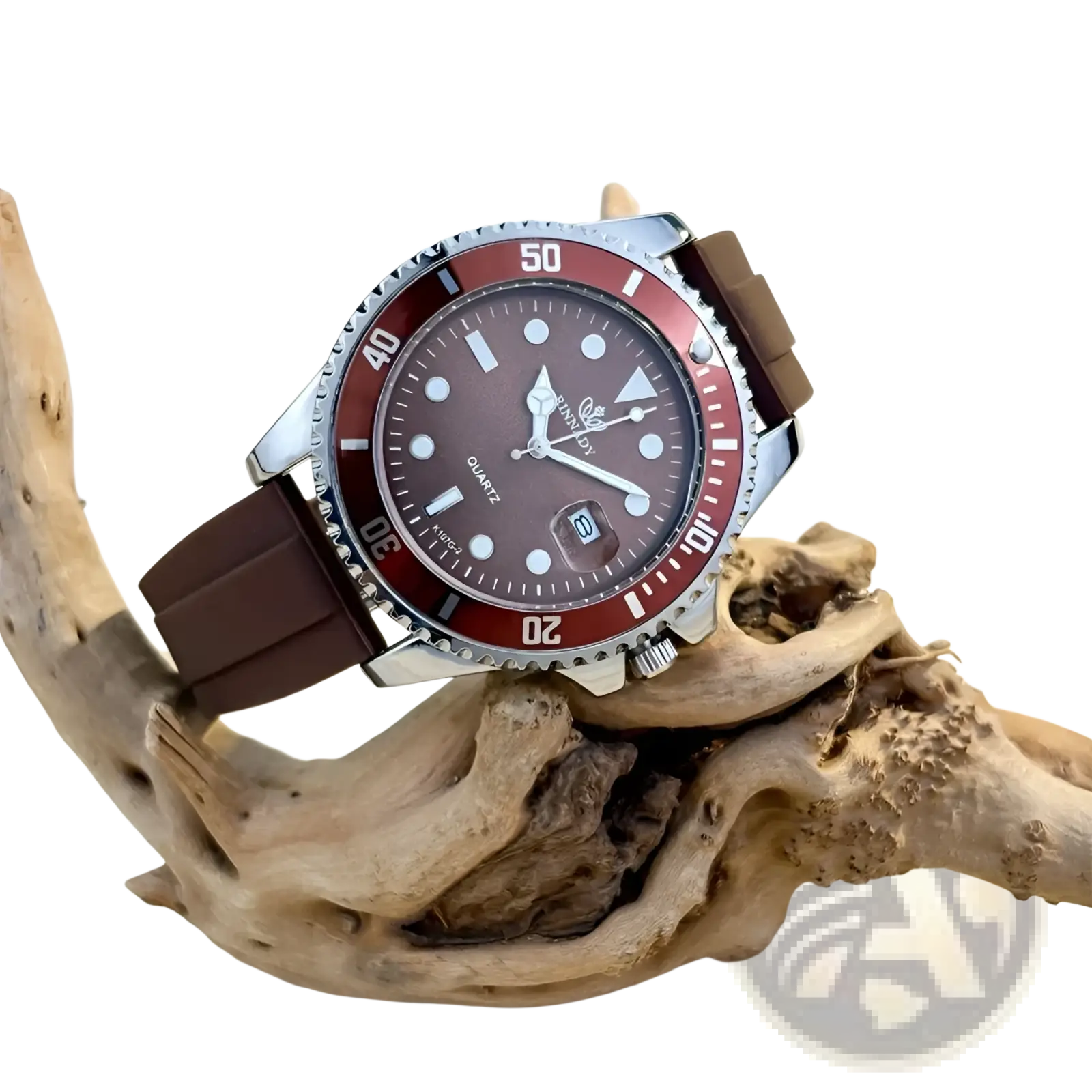 Blue sport quartz watch for men with brown rubber strap silver case red bezel and dark gray dial with white markers