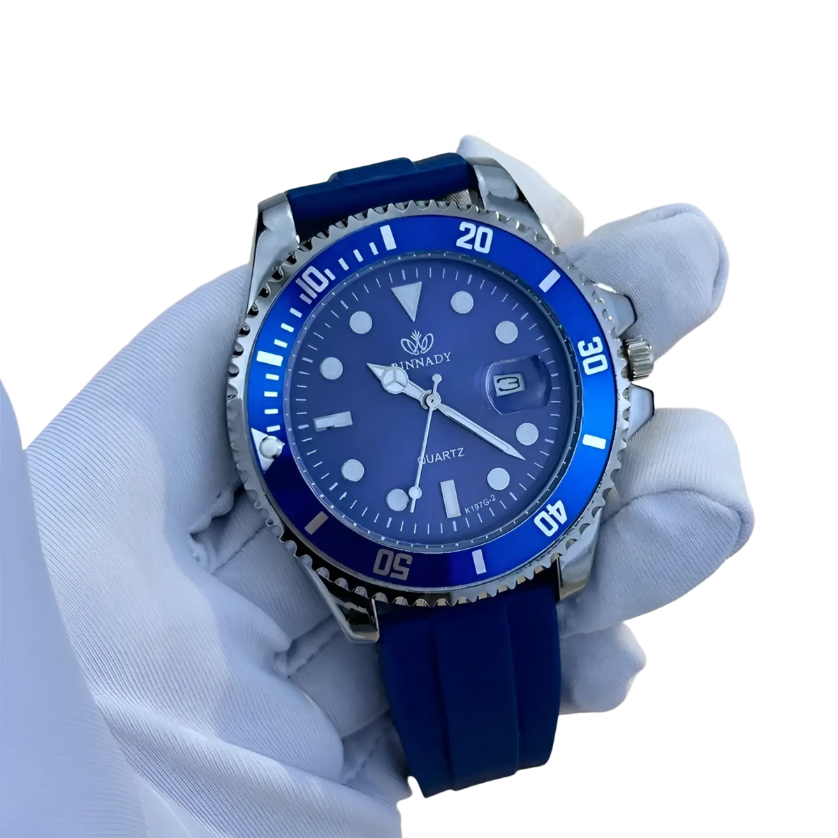 Blue sport quartz watch for men with a blue dial, matching rubber strap, and silver-toned case with bold white bezel