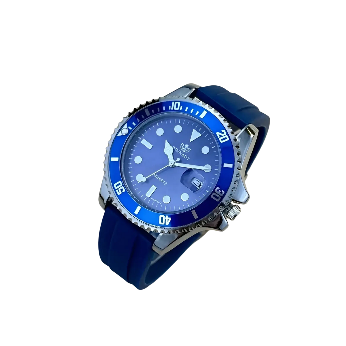 Blue sport quartz watch for men with a blue dial, silver-toned case, and navy rubber dive watch strap