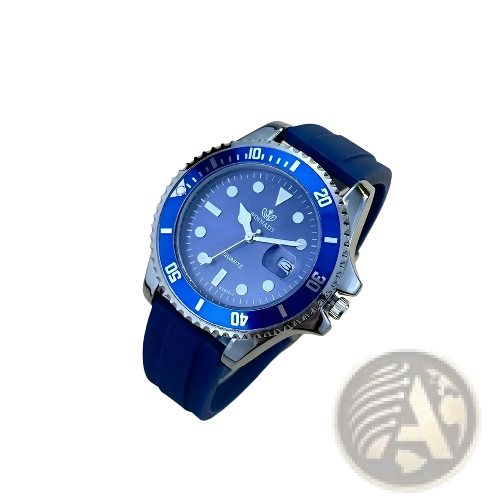 Blue sport quartz watch for men with a blue dial, silver-toned case, and navy rubber dive watch strap