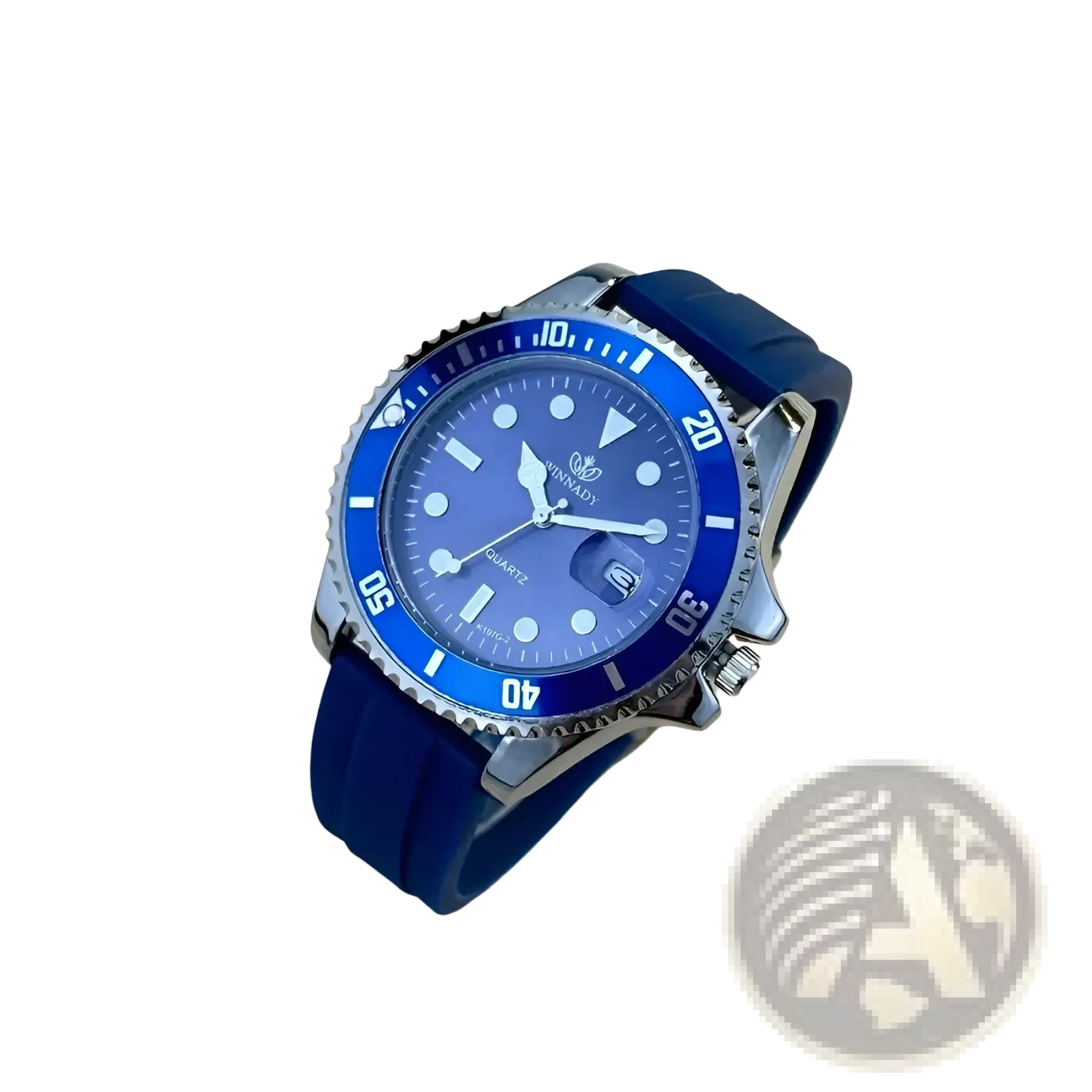 Blue sport quartz watch for men with a blue dial, silver-toned case, and navy rubber dive watch strap