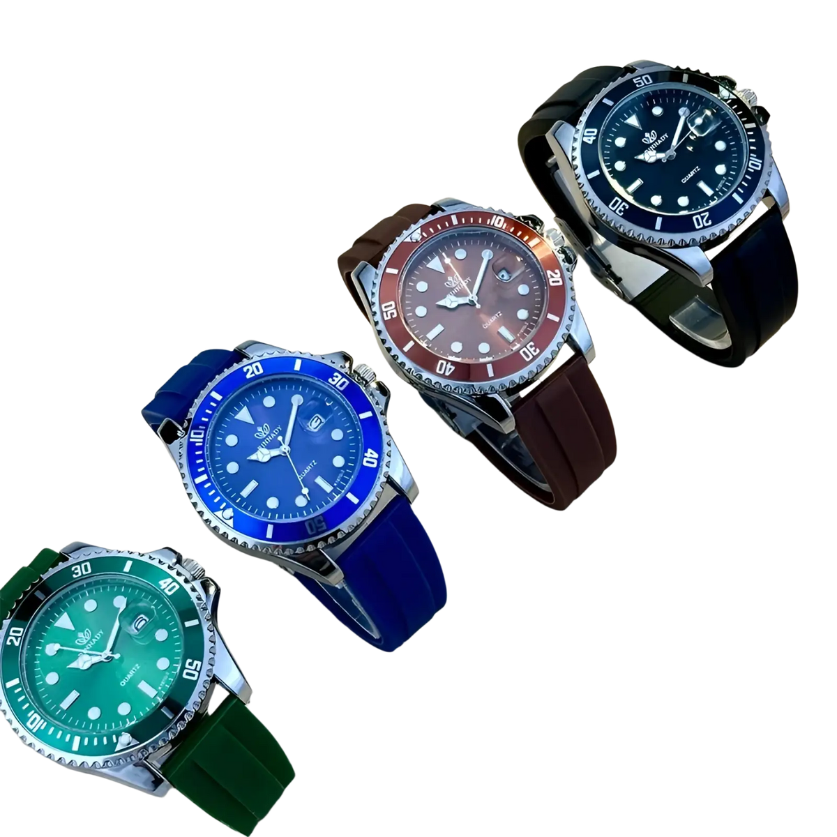 Four colorful sport quartz watches for men with rubber straps stainless steel cases and distinct dial colors including blue