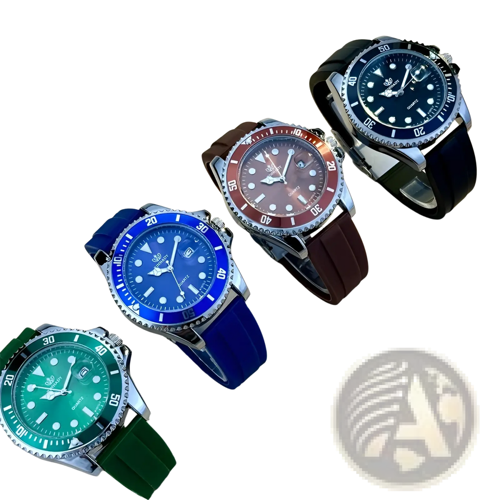 Four colorful sport quartz watches for men with rubber straps stainless steel cases and distinct dial colors including blue