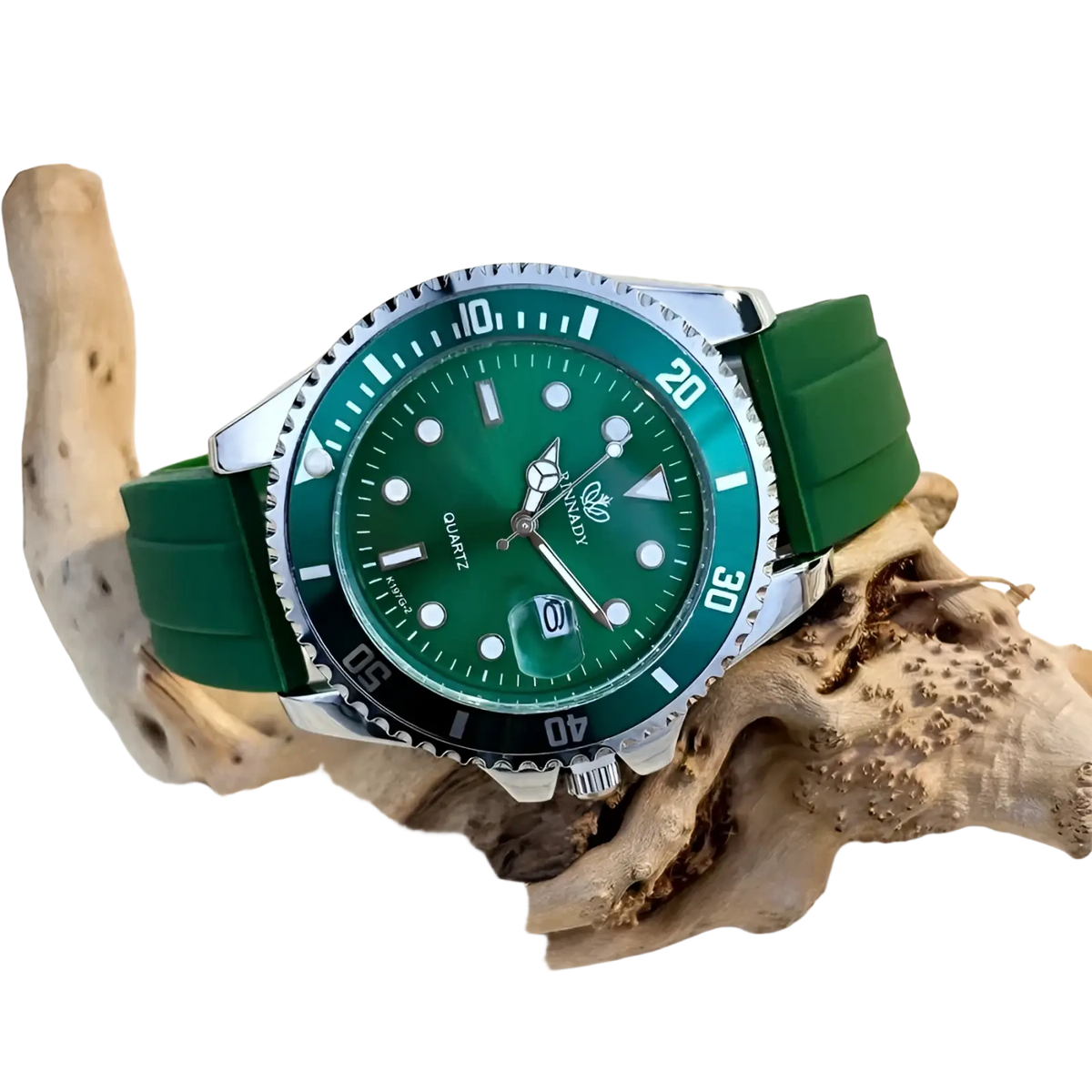 Blue sport quartz watch for men with green rubber strap silver toned case and green dial with white hour markers and date window
