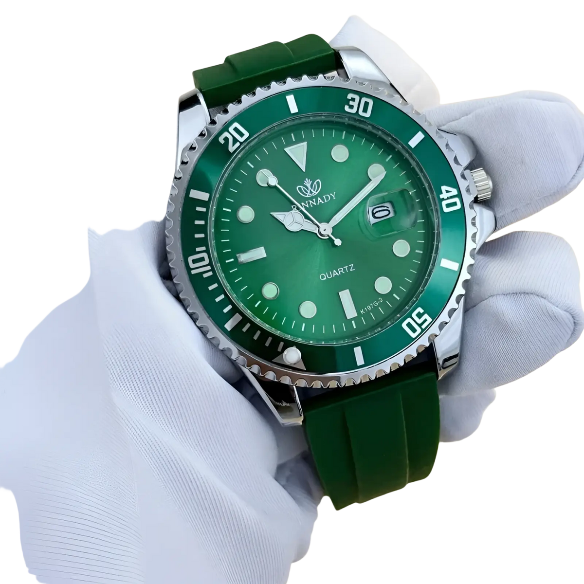 Blue sport quartz watch for men with green rubber strap silver case green dial luminous hands and date window at 3 o’clock