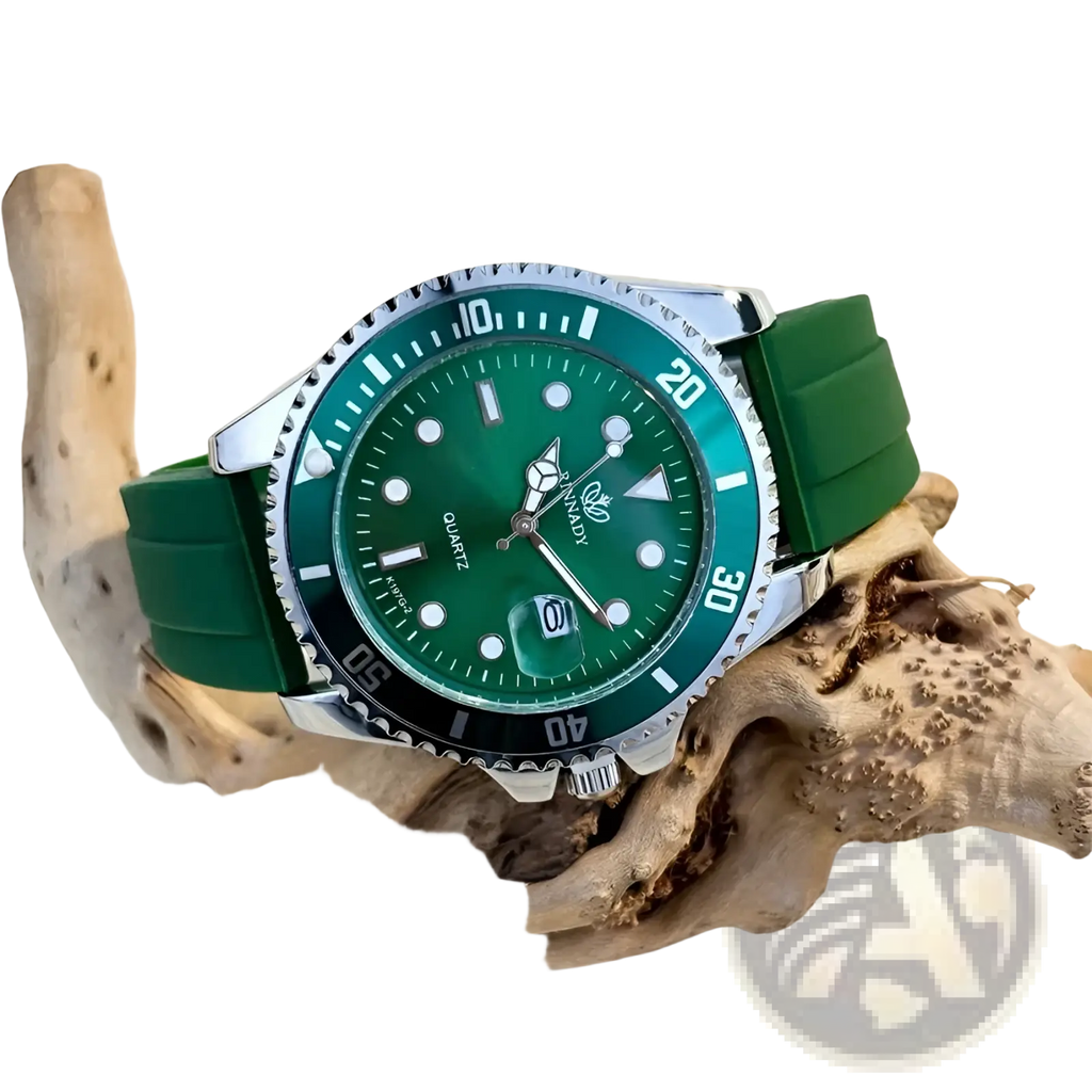 Blue sport quartz watch for men with green rubber strap silver toned case and green dial with white hour markers and date window