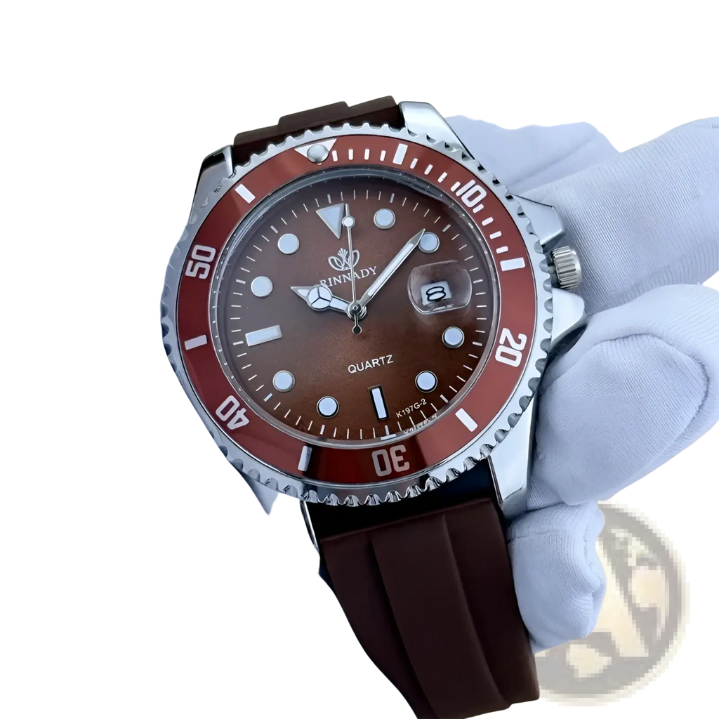 Blue sport quartz watch for men with rinnady quartz movement brown dial red bezel silver case and dark brown rubber strap