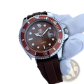 Blue sport quartz watch for men with rinnady quartz movement brown dial red bezel silver case and dark brown rubber strap