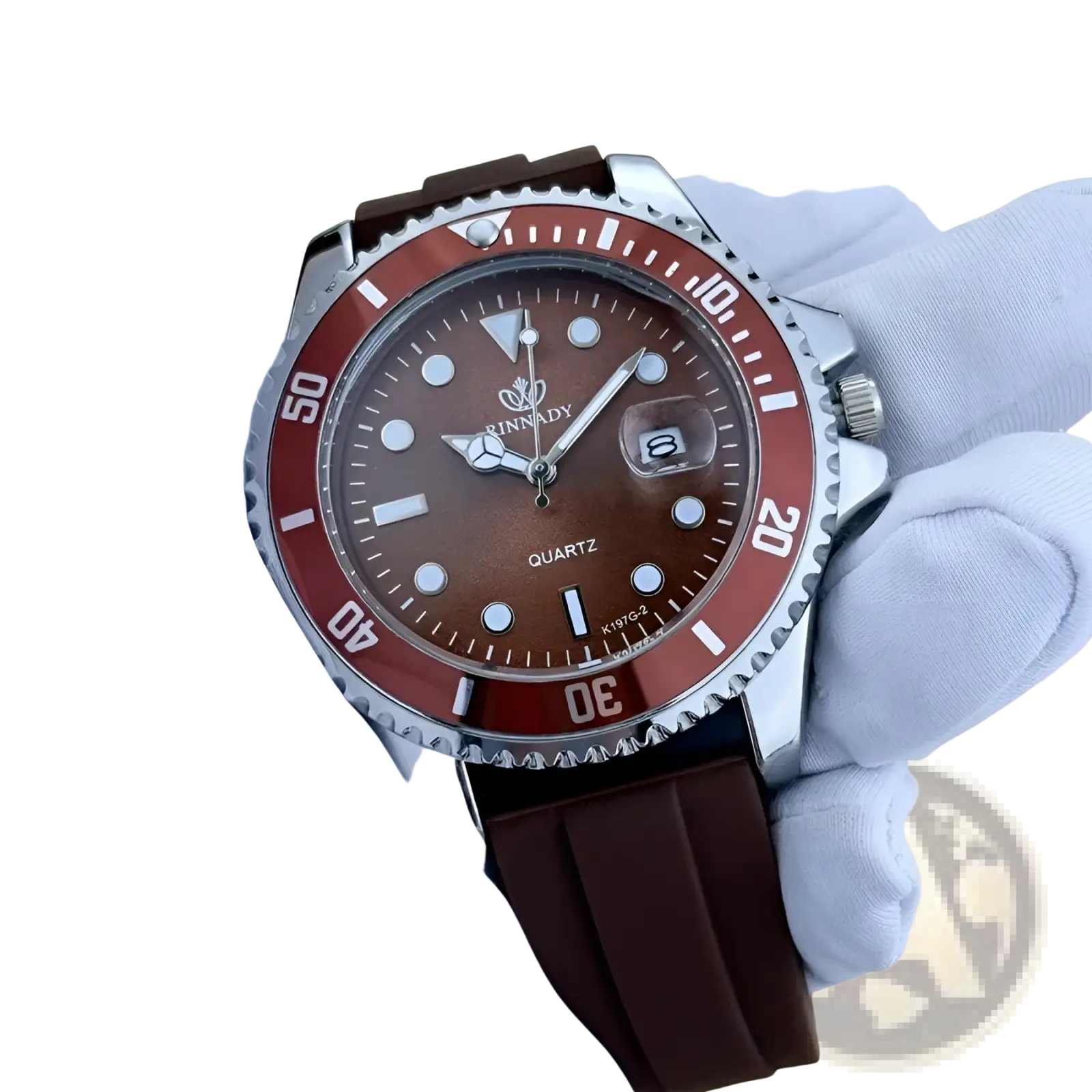 Blue sport quartz watch for men with rinnady quartz movement brown dial red bezel silver case and dark brown rubber strap